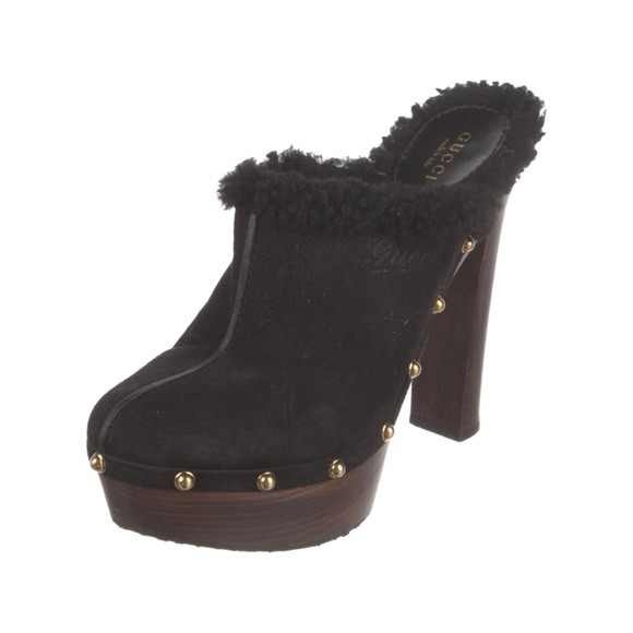 Gucci Suede Shearling Black Gold Studded Wood Heel Mules Clogs size 38.5 or 8.5 - Picture 2 of 5